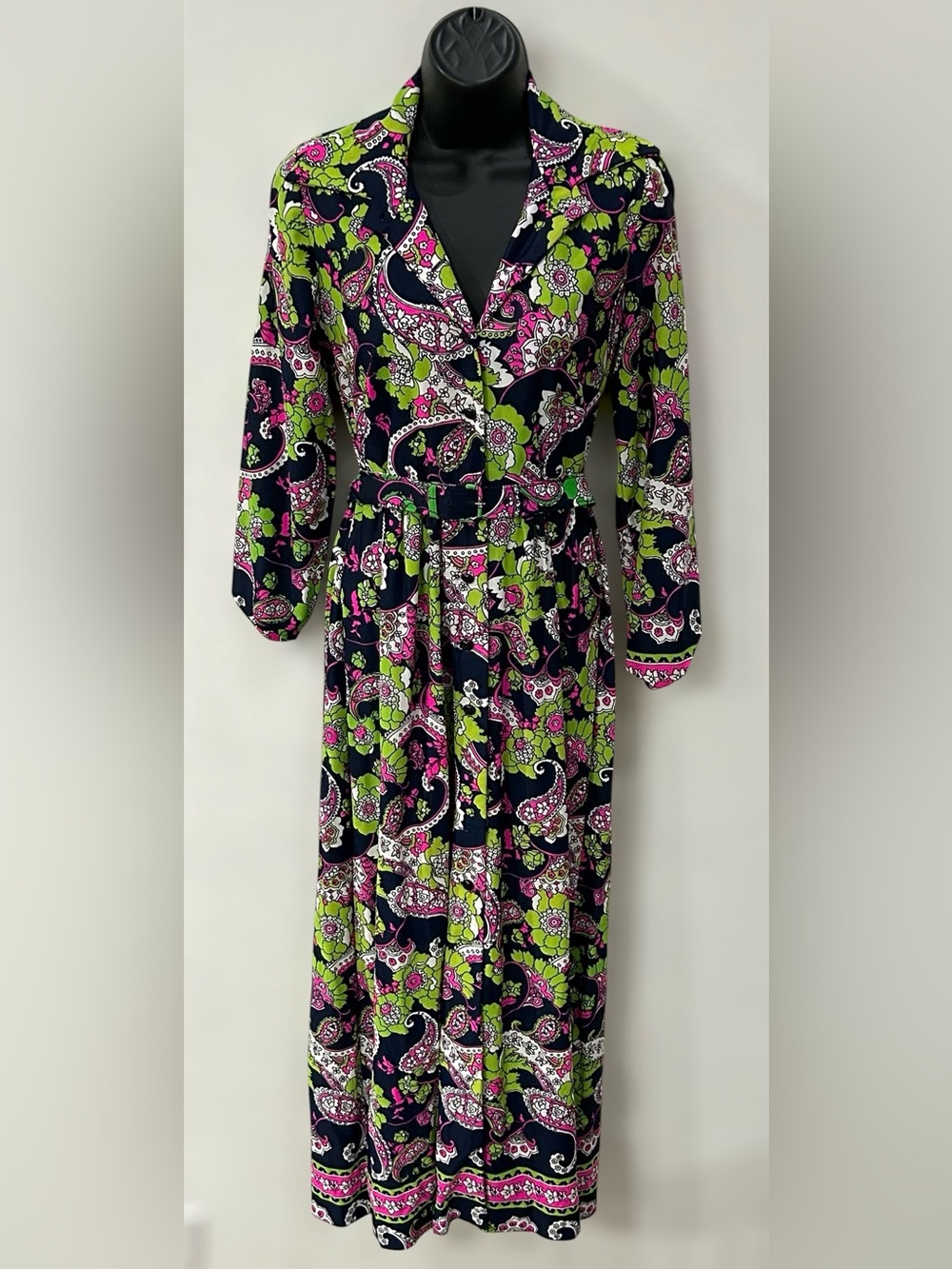 1970s The Stroller 14.5 Floral Paisley Belted Maxi Dress - Pink & Lime